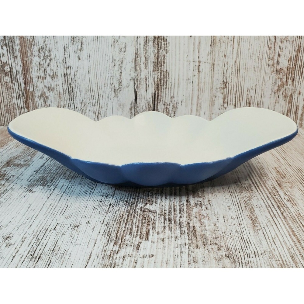 Haeger USA Oblong Bowl Dish Blue & White Scalloped Edge 10" Matte Finish